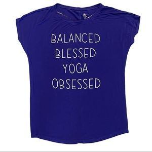 GAIAM Purple Cap Sleeve Stretchy Yoga Shirt Balanced Blessed Yoga Obsessed